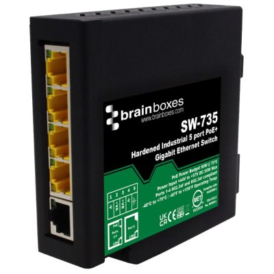 Brainboxes SW-735 Hardened Industrial 5 Port PoE+ Gigabit Ethernet Switch