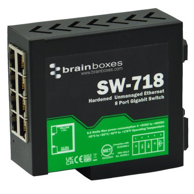 Brainboxes SW-718 Hardened Industrial 8 Port Gigabit Ethernet Switch DIN Rail Mountable