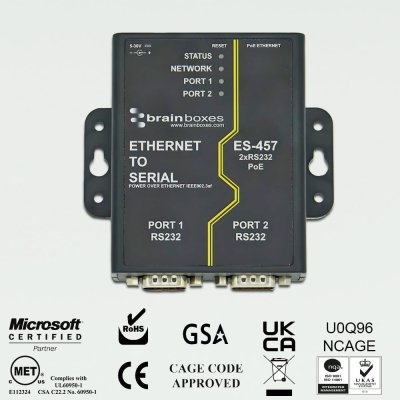 Brainboxes ES-457 Ethernet 2 Port RS232 Power Over Eth. (PoE)